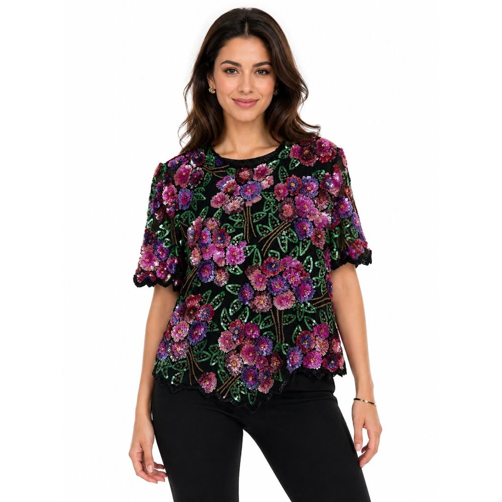 1980s Laurence Kazar New York Floral Sequin Silk Top Black XL 1X